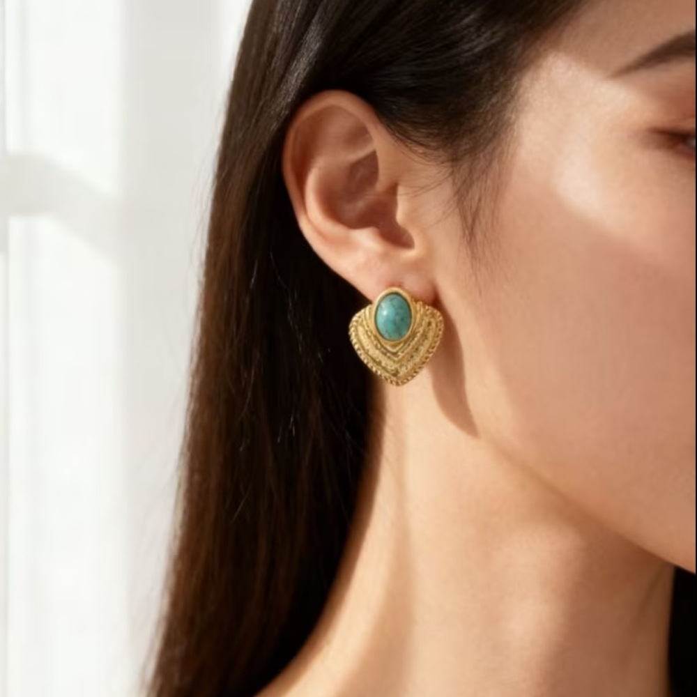 Gold Turquoise Southwestern Style Stud Earrings